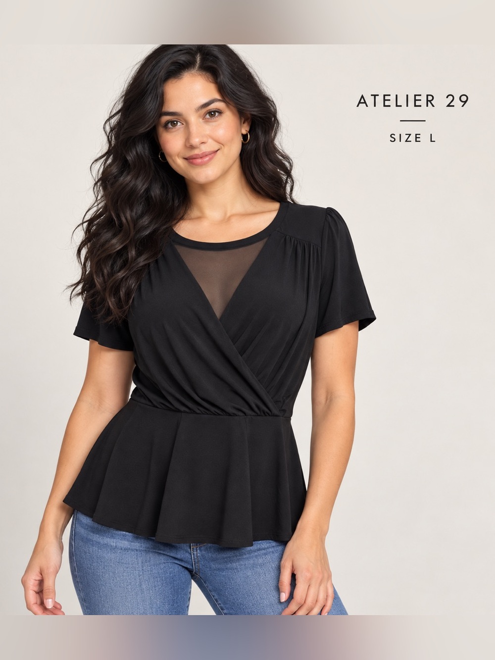 Atelier 29 Black Mesh Neckline Peplum Top mesh neckline feminine preppy/L